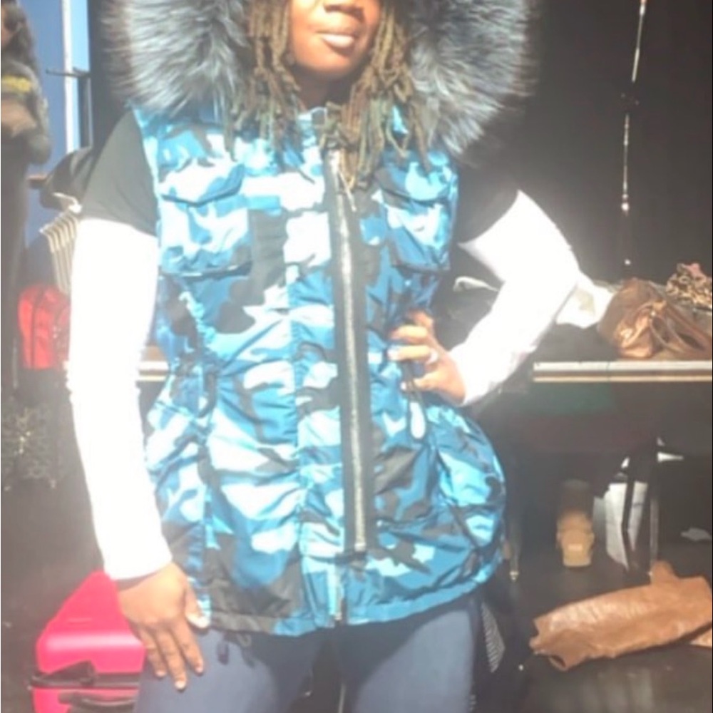 Blue Camouflage Puffer Vest with Fur Trim